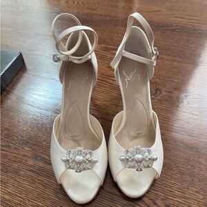 Cream Satin Heels with Crystal Embellishments